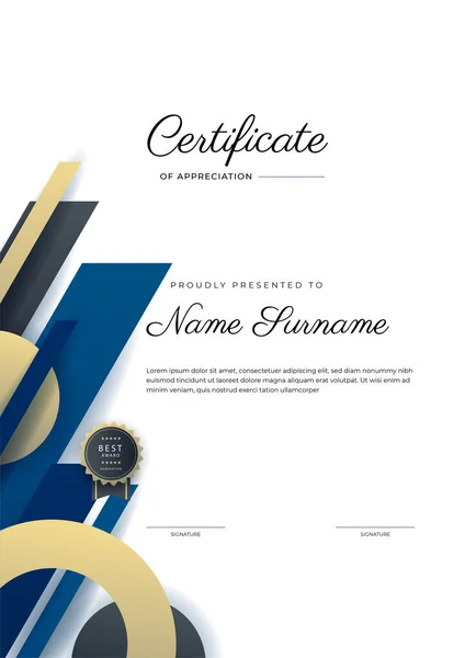 Сучасний Елегантний Синій Золотий Сертифікат Шаблону Досягнень Золотим Значком Кордоном — стоковий вектор