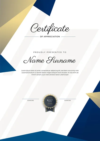 Modern Elegant Blue Gold Certificate Achievement Template Gold Badge Border — Stock Vector