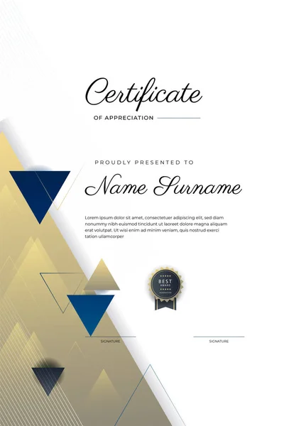 Moderno Elegante Certificado Azul Dourado Modelo Realização Com Crachá Ouro —  Vetores de Stock
