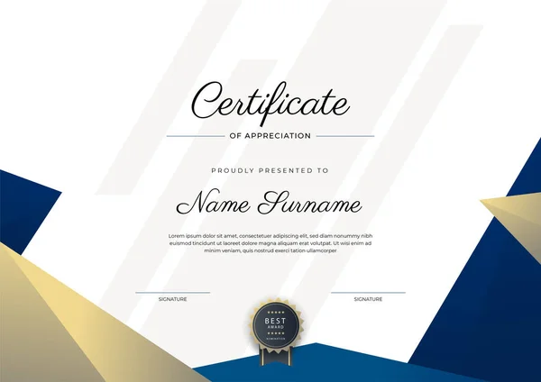 Plantilla Moderna Elegante Azul Oro Certificado Logro Con Insignia Oro — Vector de stock