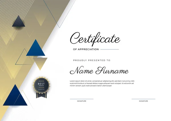 Modern Elegant Blue Gold Certificate Achievement Template Gold Badge Border — Stock Vector