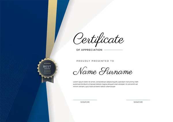 Modern Elegant Blauw Goud Certificaat Van Prestatie Sjabloon Met Gouden — Stockvector