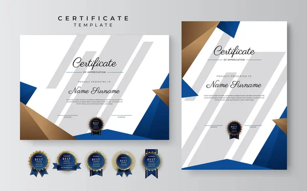 Moderno Elegante Certificado Azul Dourado Modelo Realização Com Crachá Ouro —  Vetores de Stock