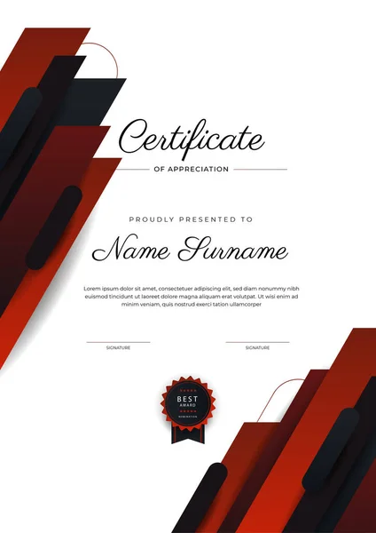 Moderno Elegante Certificado Negro Rojo Plantilla Logro Con Insignia Oro — Vector de stock