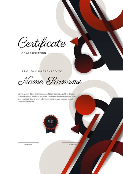 Moderno Elegante Certificado Negro Rojo Plantilla Logro Con Insignia Oro — Vector de stock