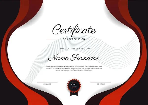 Certificado Moderno Elegante Preto Vermelho Modelo Realização Com Crachá Ouro —  Vetores de Stock