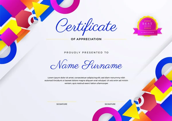 Modern Premium Colorful Blue Yellow Red Pink Purple Certificate Template — Stock Vector