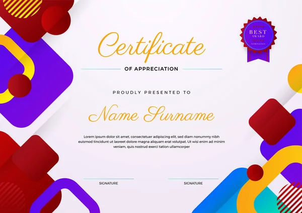 Certificate Appreciation Template Colorful Blue Red Orange Color Clean Modern — Stock Vector