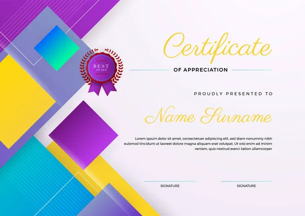 Modèle Certificat Appréciation Coloré Bleu Rouge Orange Nettoyer Certificat Moderne — Image vectorielle