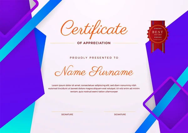 Certificate Appreciation Template Colorful Blue Red Orange Color Clean Modern — Stock Vector