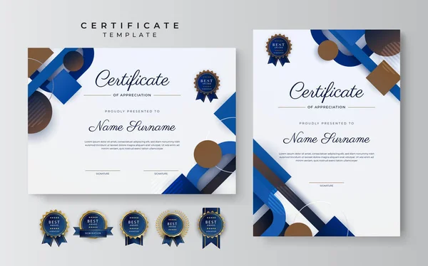 Nowoczesny Elegancki Niebieski Brązowy Certyfikat Wzoru Osiągnięć Złotą Odznaką Obwódką — Wektor stockowy