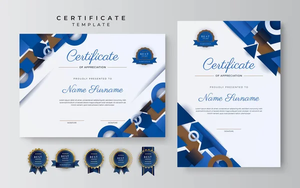 Modern Elegant Blue Brown Certificate Achievement Template Gold Badge Border — Stock Vector