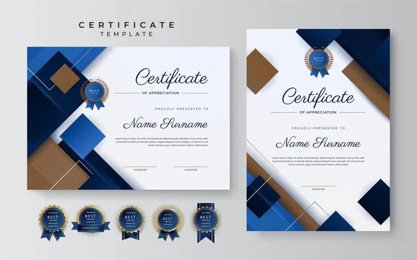 Modern Elegant Blue Brown Certificate Achievement Template Gold Badge Border — Stock Vector