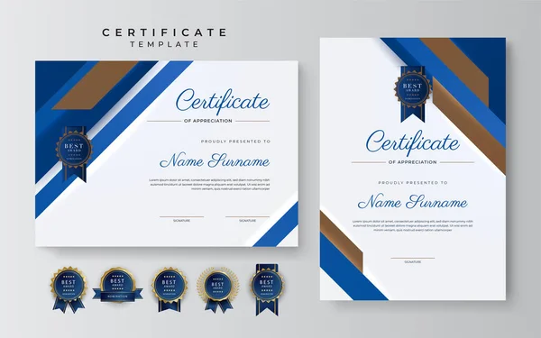 Moderno Elegante Modello Certificato Conseguimento Blu Marrone Con Distintivo Oro — Vettoriale Stock