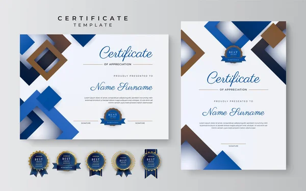 Современный Элегантный Синий Коричневый Сертификат Достижения Шаблон Золотым Значком Границы — стоковый вектор