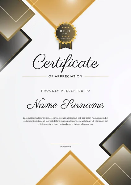 Certificado Preto Marrom Elegante Moderno Modelo Realização Com Crachá Ouro —  Vetores de Stock