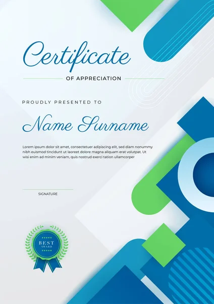 Altın rozetli ve sınırlı modern mavi ve yeşil başarı şablonu sertifikası. Diploma, ödül, iş, üniversite, okul ve şirket için tasarlandı..