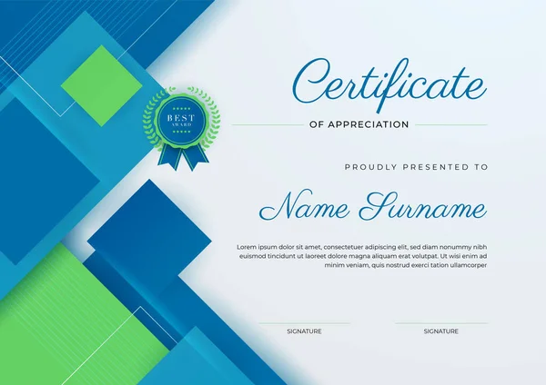 Modern Elegant Blue Green Certificate Achievement Template Gold Badge Border — Stock Vector