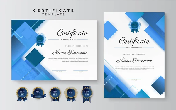 现代典雅的蓝色成绩证书模板 带有金章和边框 设计为文凭 学校和企业 — 图库矢量图片