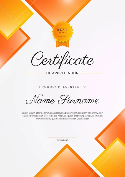 Современный Элегантный Оранжевый Сертификат Достижения Шаблон Золотым Значком Границы Предназначен — стоковый вектор