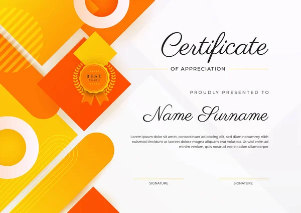 Modèle Certificat Réussite Orange Élégant Moderne Avec Badge Bordure Conçu — Image vectorielle