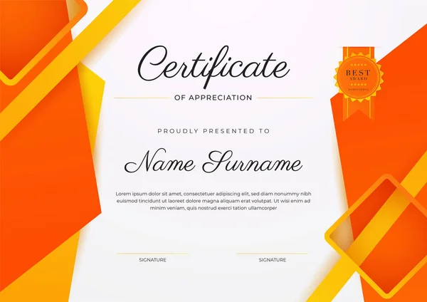 Nowoczesny Elegancki Pomarańczowy Certyfikat Osiągnięcia Szablon Złotą Odznaką Obwódką Zaprojektowany — Wektor stockowy