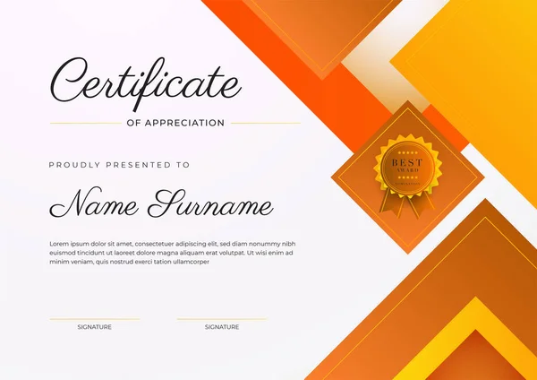 Modèle Certificat Réussite Orange Élégant Moderne Avec Badge Bordure Conçu — Image vectorielle