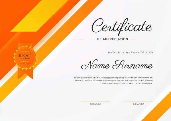 Moderno Certificado Naranja Elegante Plantilla Logro Con Insignia Oro Borde — Vector de stock