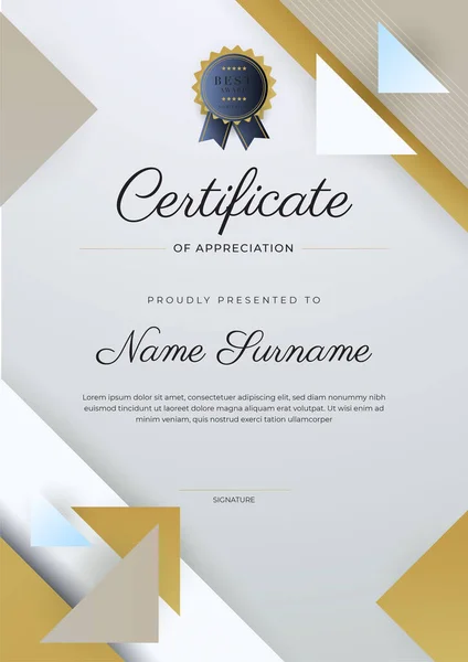 Moderno Elegante Certificado Beige Plateado Plantilla Logro Con Insignia Oro — Vector de stock