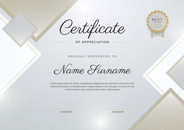 Modern Elegant Silver Beige Certificate Achievement Template Gold Badge Border — Stock Vector