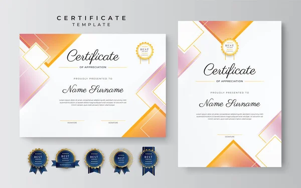 Plantilla Moderna Elegante Naranja Rosa Certificado Logro Con Insignia Oro — Vector de stock