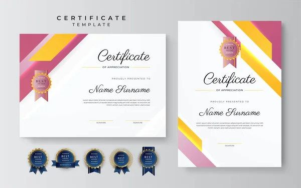 Modern Elegant Orange Pink Certificate Achievement Template Gold Badge Border — Stock Vector