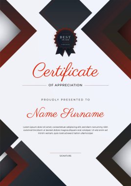 Altın rozetli ve sınırlı modern siyah-kırmızı başarı şablonu. Diploma, ödül, iş, üniversite, okul ve şirket için tasarlandı..