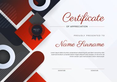 Altın rozetli ve sınırlı modern siyah-kırmızı başarı şablonu. Diploma, ödül, iş, üniversite, okul ve şirket için tasarlandı..