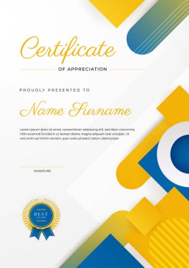 Altın rozetli ve sınırlı modern mavi ve sarı başarı sertifikası. Diploma, ödül, iş, üniversite, okul ve şirket için tasarlandı..