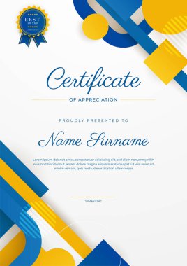 Altın rozetli ve sınırlı modern mavi ve sarı başarı sertifikası. Diploma, ödül, iş, üniversite, okul ve şirket için tasarlandı..