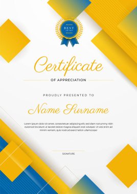 Altın rozetli ve sınırlı modern mavi ve sarı başarı sertifikası. Diploma, ödül, iş, üniversite, okul ve şirket için tasarlandı..