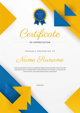 Altın rozetli ve sınırlı modern mavi ve sarı başarı sertifikası. Diploma, ödül, iş, üniversite, okul ve şirket için tasarlandı..