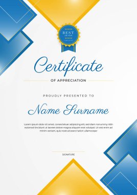 Altın rozetli ve sınırlı modern mavi ve sarı başarı sertifikası. Diploma, ödül, iş, üniversite, okul ve şirket için tasarlandı..