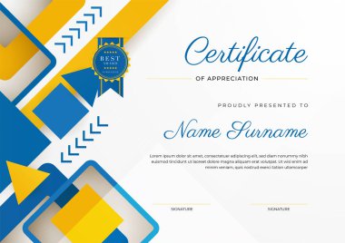 Altın rozetli ve sınırlı modern mavi ve sarı başarı sertifikası. Diploma, ödül, iş, üniversite, okul ve şirket için tasarlandı..