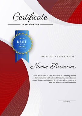 Yazdırma şablonu için çokgen geometrik şekilli modern sertifika şablonu pembe turuncu, mavi ve beyaz temiz modern vektör