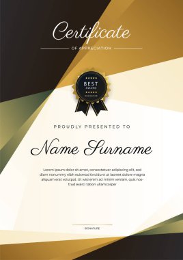 Altın rozetli ve sınırlı modern siyah ve kahverengi başarı sertifikası. Diploma, ödül, iş, üniversite, okul ve şirket için tasarlandı..