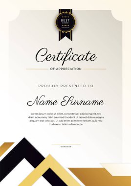 Altın rozetli ve sınırlı modern siyah ve kahverengi başarı sertifikası. Diploma, ödül, iş, üniversite, okul ve şirket için tasarlandı..