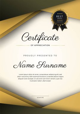 Altın rozetli ve sınırlı modern siyah ve kahverengi başarı sertifikası. Diploma, ödül, iş, üniversite, okul ve şirket için tasarlandı..