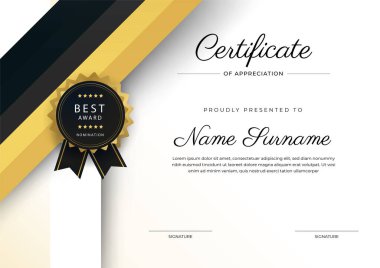 Altın rozetli ve sınırlı modern siyah ve kahverengi başarı sertifikası. Diploma, ödül, iş, üniversite, okul ve şirket için tasarlandı..