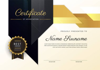 Altın rozetli ve sınırlı modern siyah ve kahverengi başarı sertifikası. Diploma, ödül, iş, üniversite, okul ve şirket için tasarlandı..