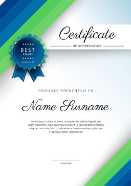 Altın rozetli ve sınırlı modern mavi ve yeşil başarı şablonu sertifikası. Diploma, ödül, iş, üniversite, okul ve şirket için tasarlandı..