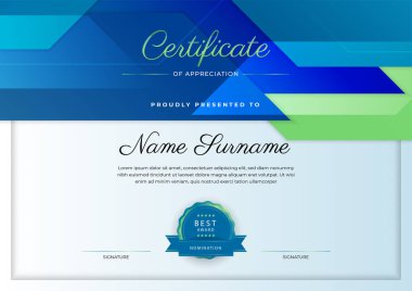 Altın rozetli ve sınırlı modern mavi ve yeşil başarı şablonu sertifikası. Diploma, ödül, iş, üniversite, okul ve şirket için tasarlandı..