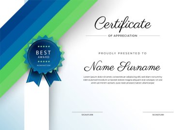 Altın rozetli ve sınırlı modern mavi ve yeşil başarı şablonu sertifikası. Diploma, ödül, iş, üniversite, okul ve şirket için tasarlandı..