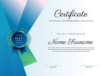 Altın rozetli ve sınırlı modern mavi ve yeşil başarı şablonu sertifikası. Diploma, ödül, iş, üniversite, okul ve şirket için tasarlandı..